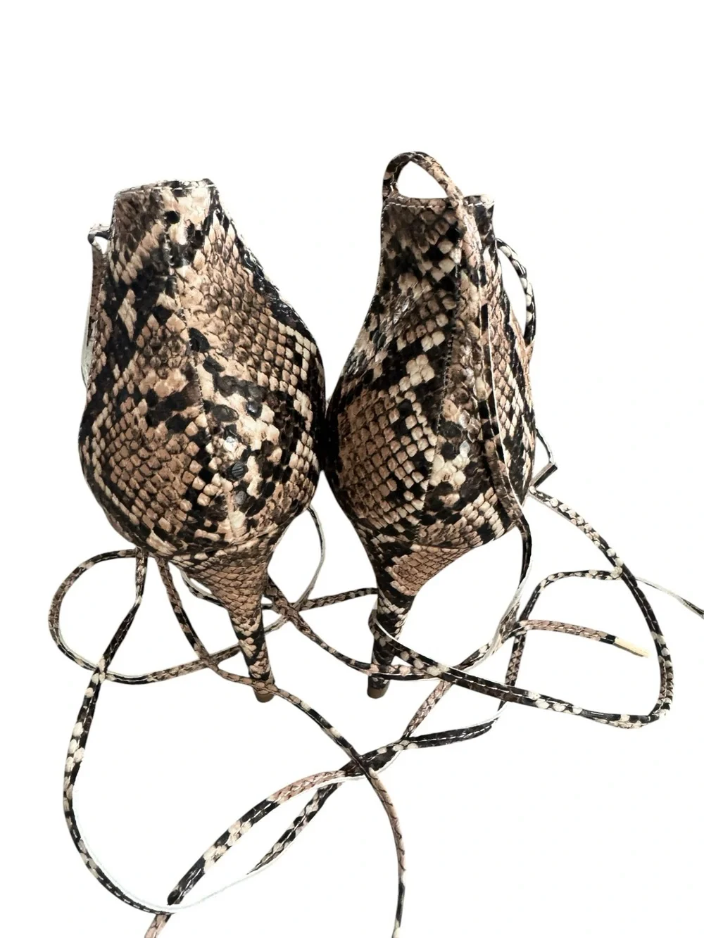 Lulus Marie Tan Snake Print Lace-Up Heels size 7.5